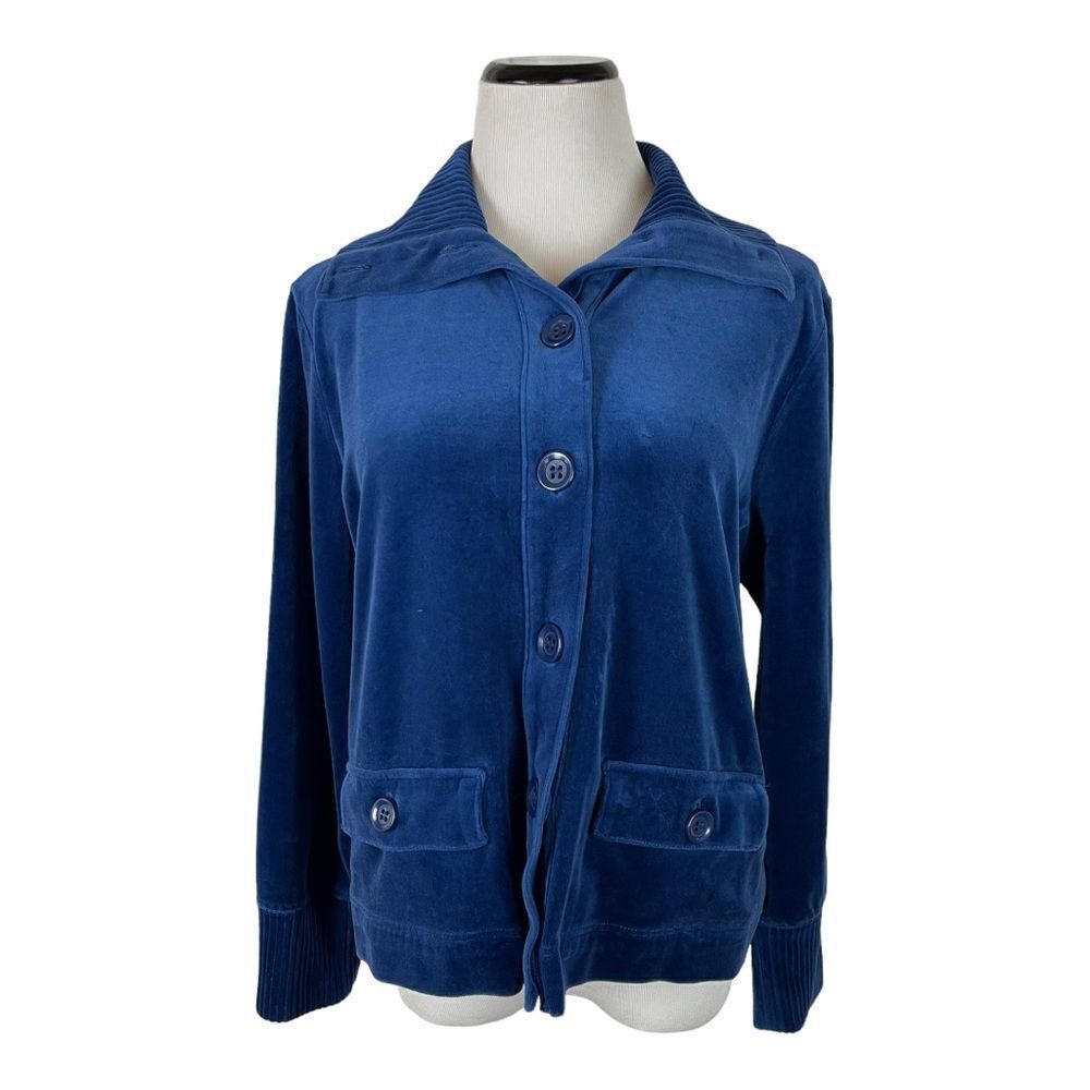 Jones New York Signature Blue Velour Jacket Top Size XL Long Sleeve Comfy Casual